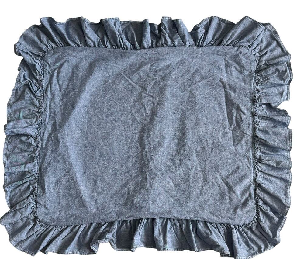 Vintage Ralph Lauren Blue Denim Pillow Sham Ruffle Chambray Standard Cottage USA